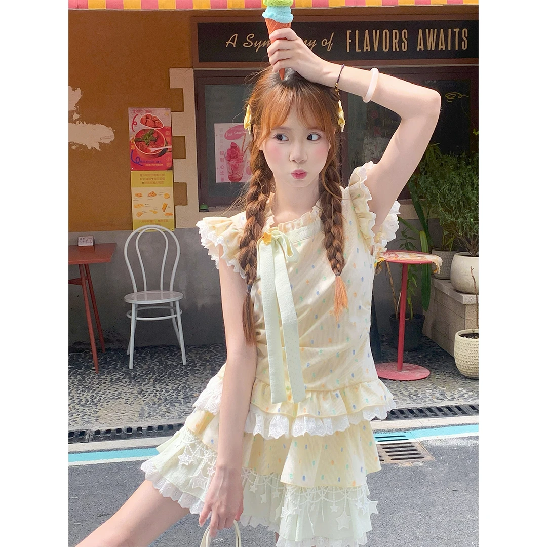 sinsingirl 波点黄糖 黄色波点套装 上衣+蛋糕裙