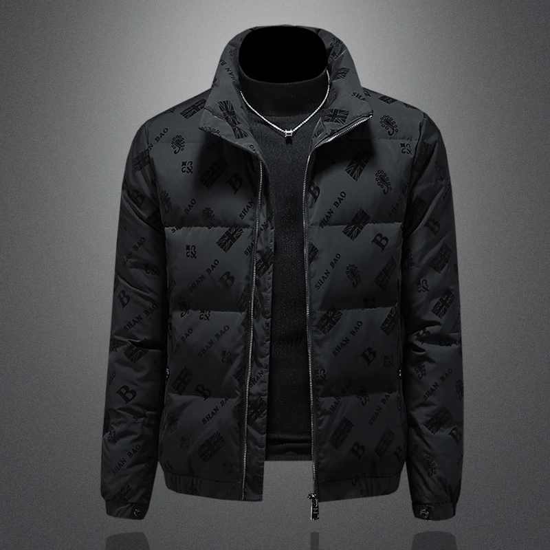 诺顿雷斯欧货植绒印花立领羽绒服男士潮牌休闲冬季新款大码厚外套