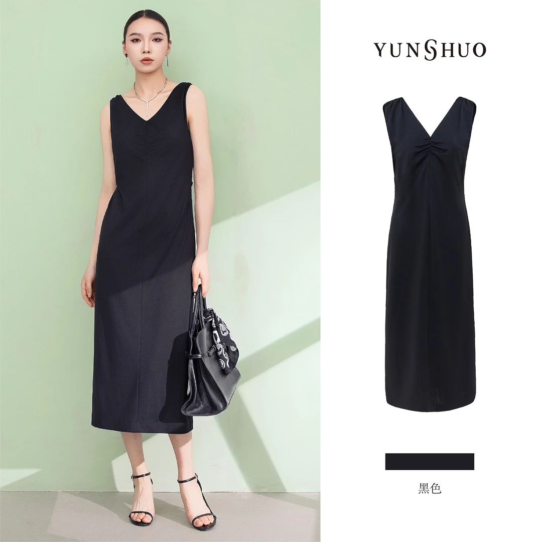 允硕新品时尚百搭气质V领无袖黑色遮胯休闲高腰女装连衣裙569438