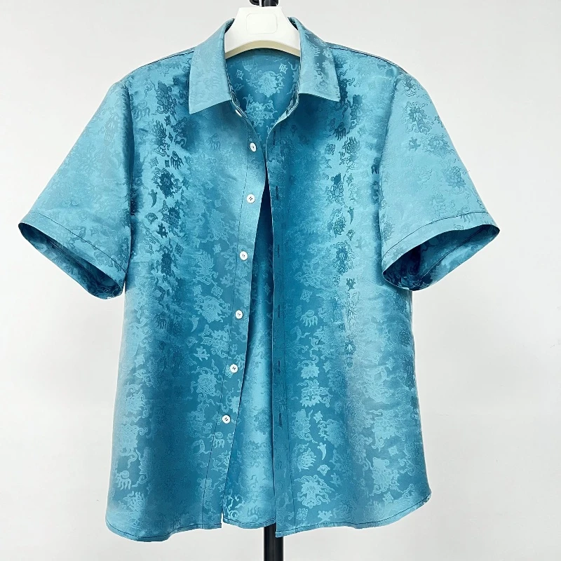 K616上衣- 男士新款2025夏季翻领100%桑蚕丝30姆米万福如意纹