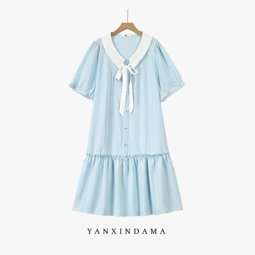 【岩心】大码女装300斤胖MM小清新甜美高级感娃娃领系带连衣裙66982