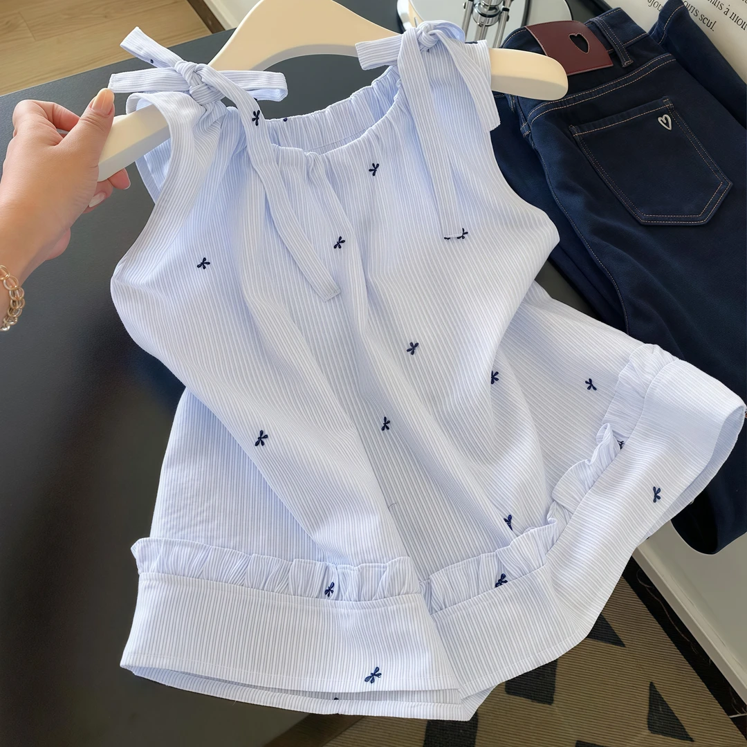 蓝色条纹宽松显瘦2025夏季新品外穿设计感宽肩带无袖小众减龄衬衫