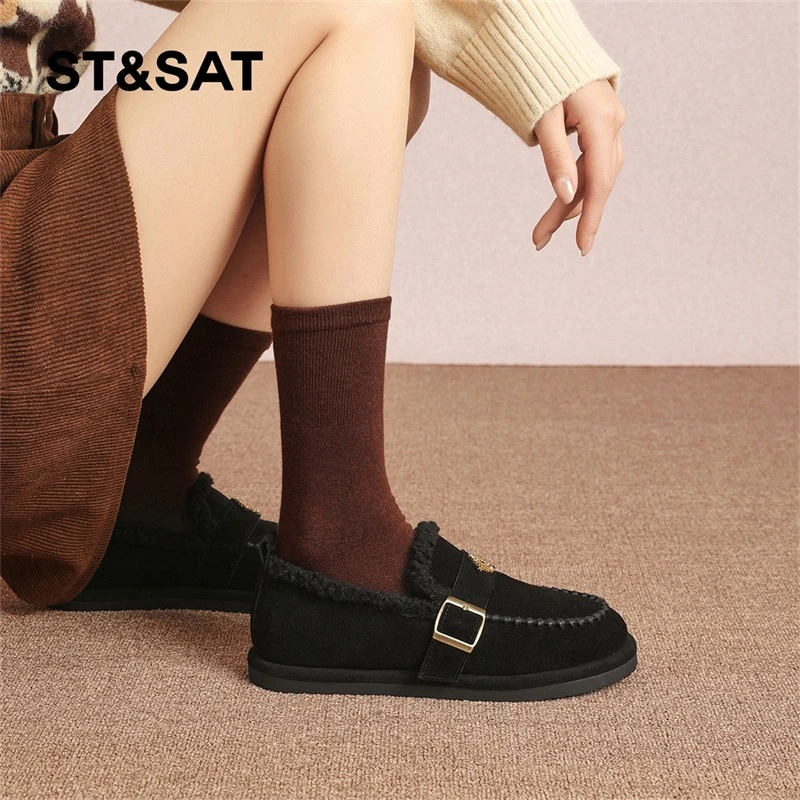 星期六加绒保暖勃肯鞋女款2025冬季新款厚底棉鞋一脚蹬懒人毛毛鞋