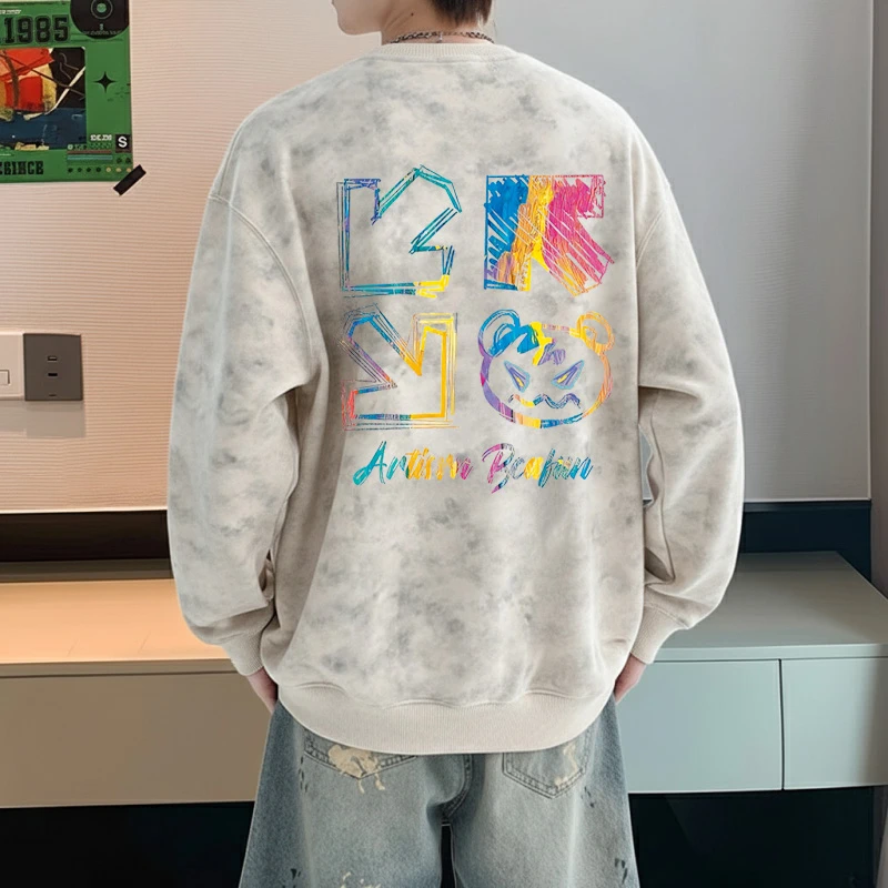 男装扎染圆领卫衣春秋薄款打底衫美式宽松长袖上衣慵懒风套头外套