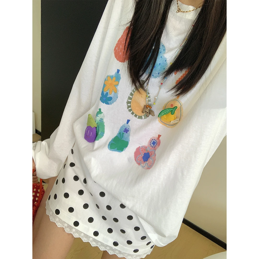 韩系立体水果蔬菜印花长袖T恤女2025夏季新款宽松百搭薄款上衣N