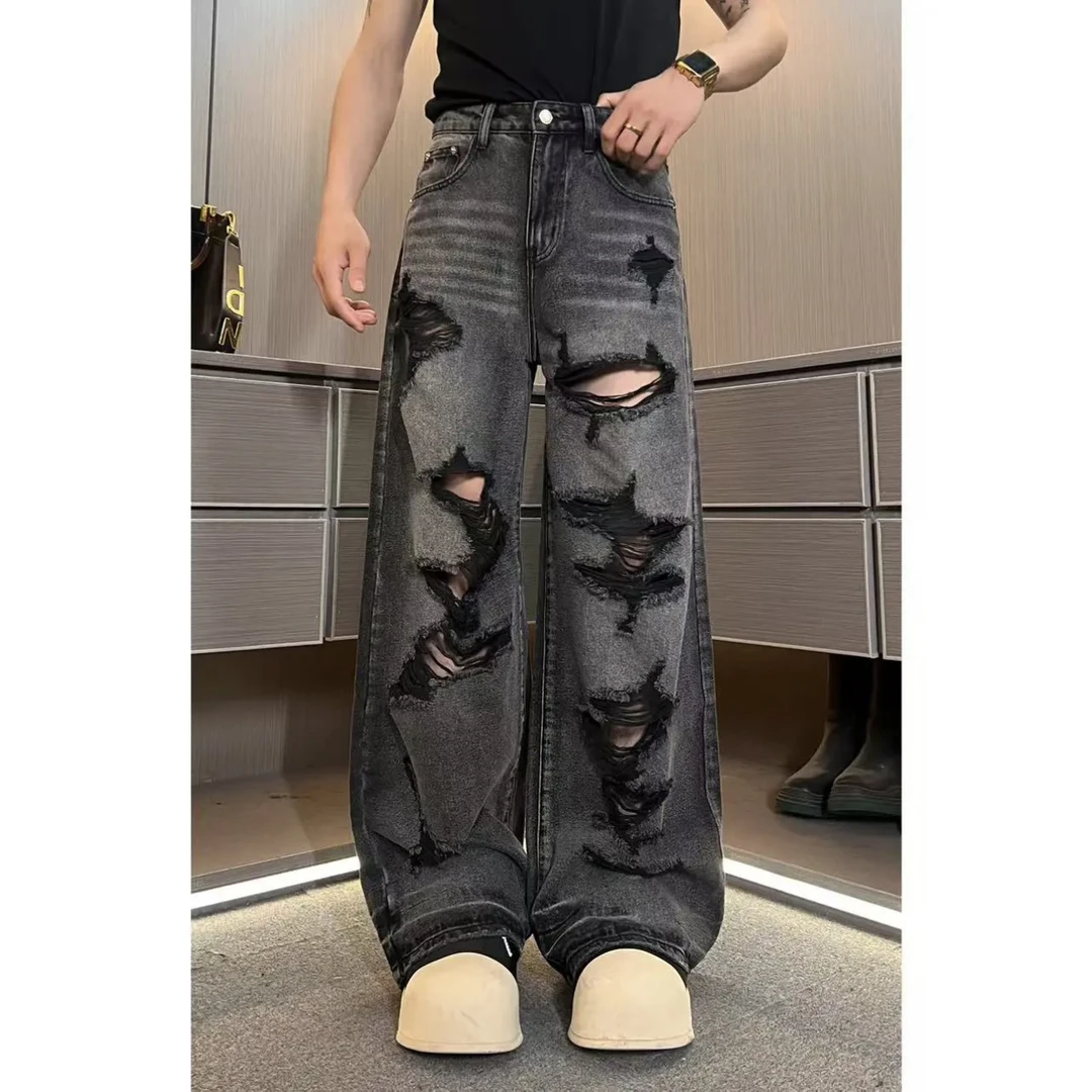 裤子1051男士高品质黑色重工水洗破洞宽松直筒牛仔裤
