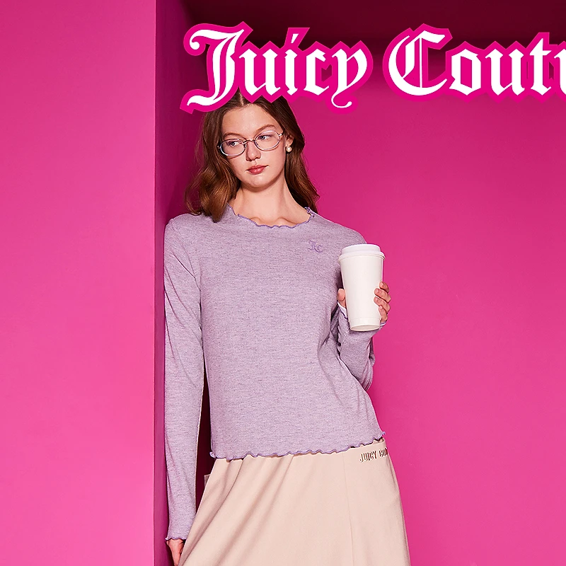 JUICYCOUTURE橘滋香芋奶油LOGO刺刺绣边圆领长袖女式针织衫