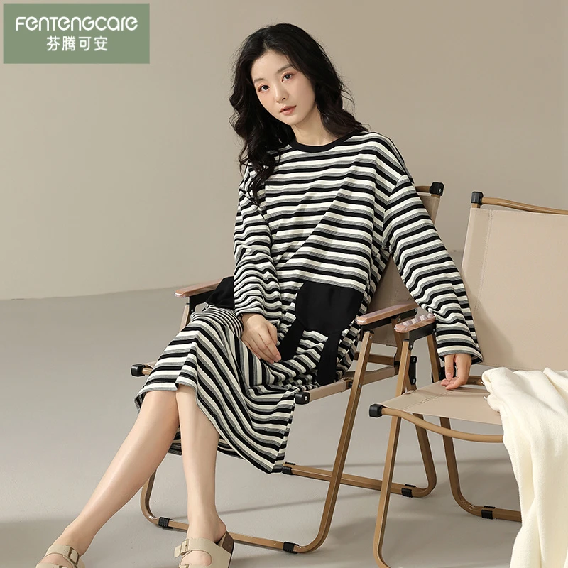 芬腾可安新款睡裙女春秋季长袖纯棉韩版睡衣可爱外穿甜美睡裙家居