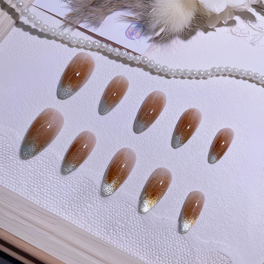 A1832『绿碎咖酝』薄荷绿璀璨猫光碎钻渐变咖色晕染纯手工穿戴甲