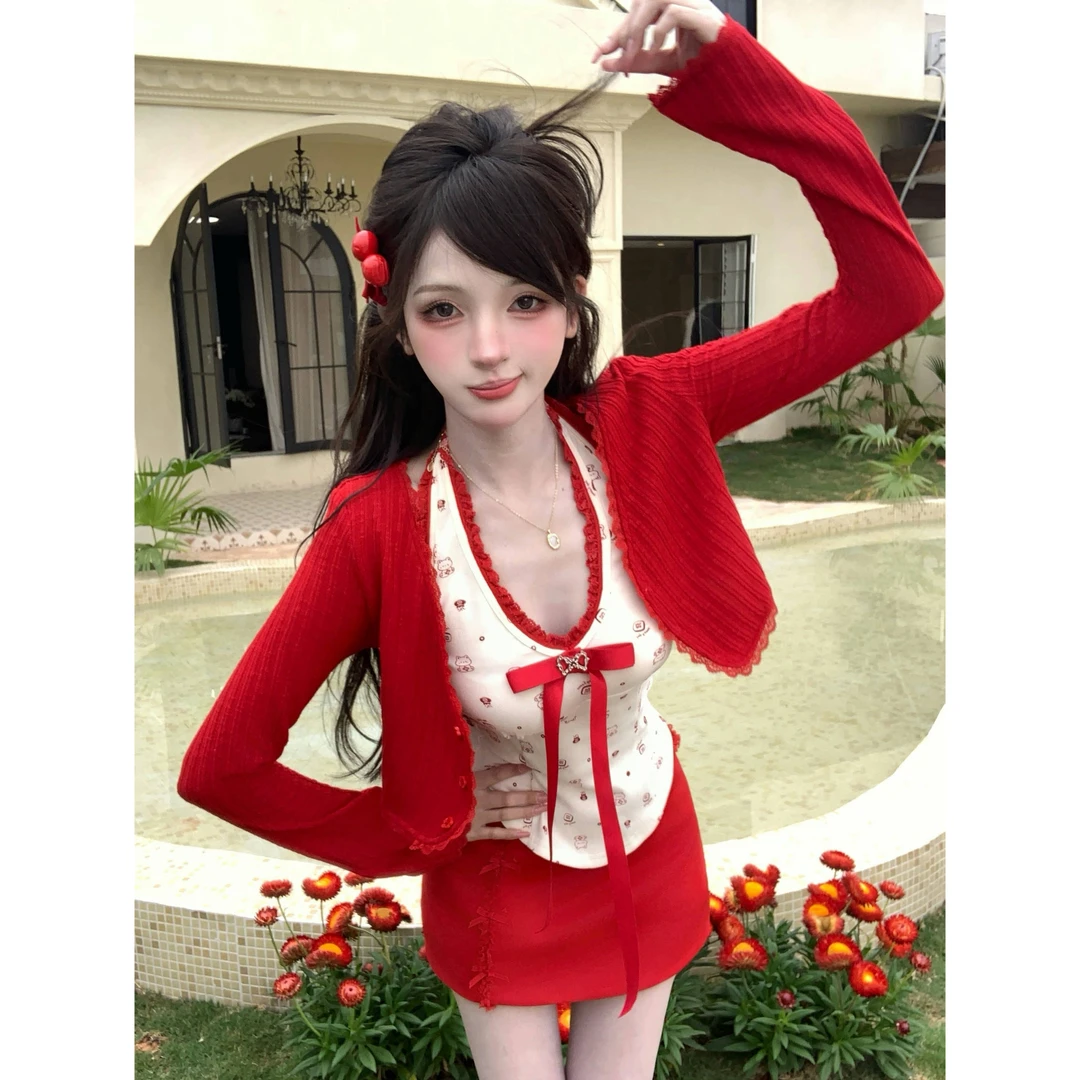 瑞茜·威瑟斯 招财福宝 纯欲风小众设计挂脖背心 针织开衫R9146-1D