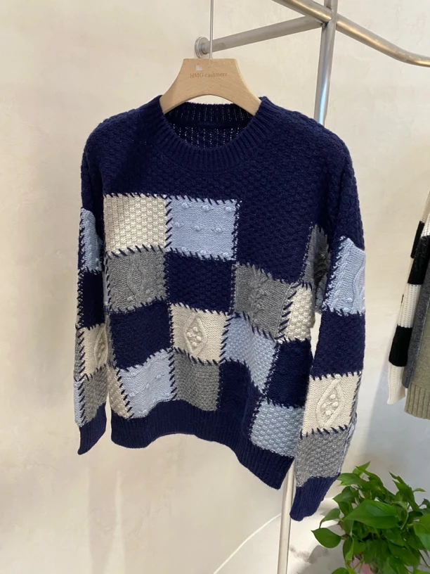 9023重工立体针织衫宽松慵懒休闲格子