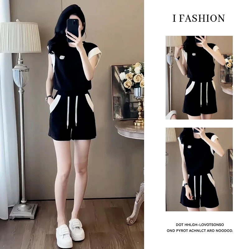 时尚设计感套装女2025年夏季新款韩版百搭显瘦拼色上衣短裤两件套