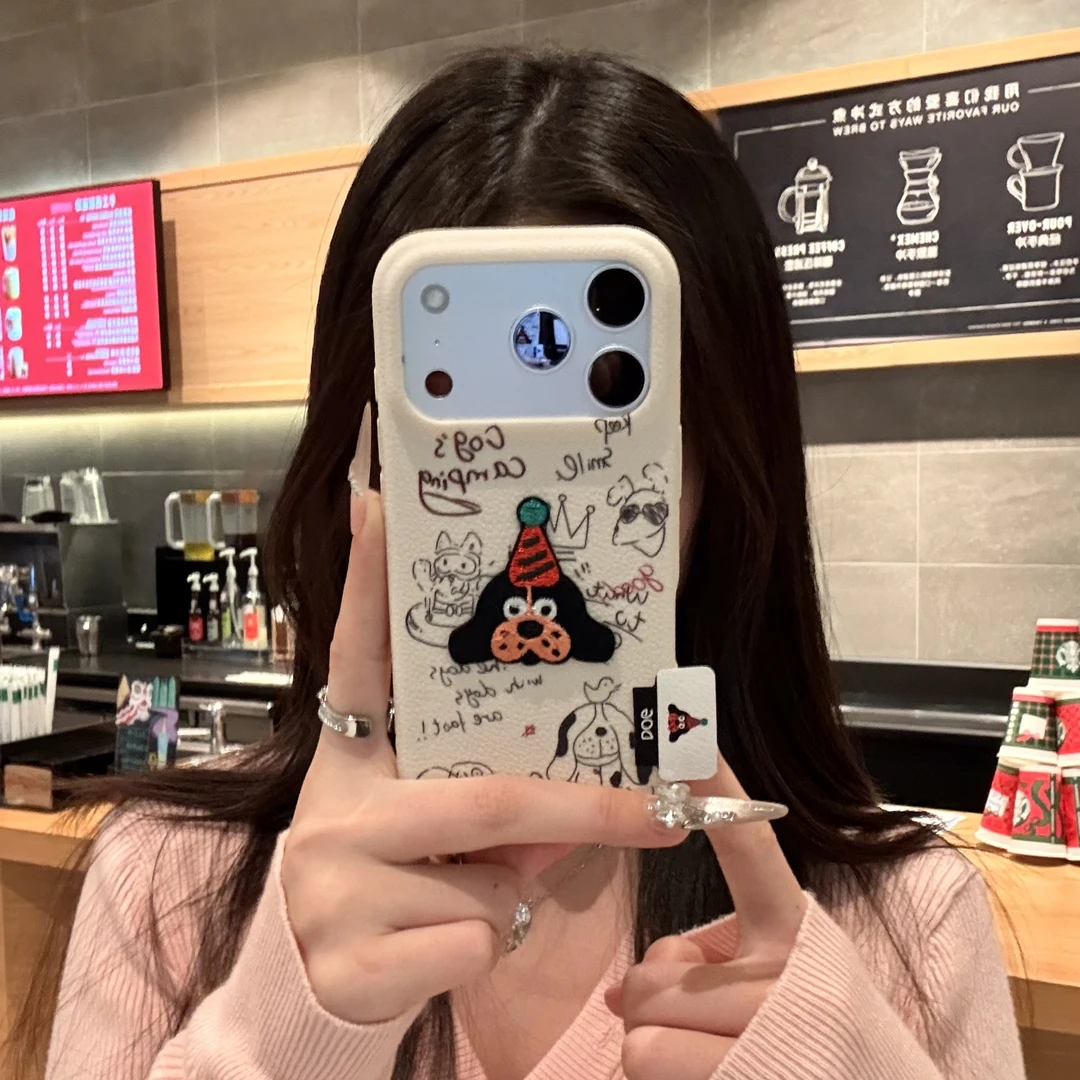 涂鸦线条刺绣小狗适用苹果16手机壳17华为P70秋冬vivoppo小米15软