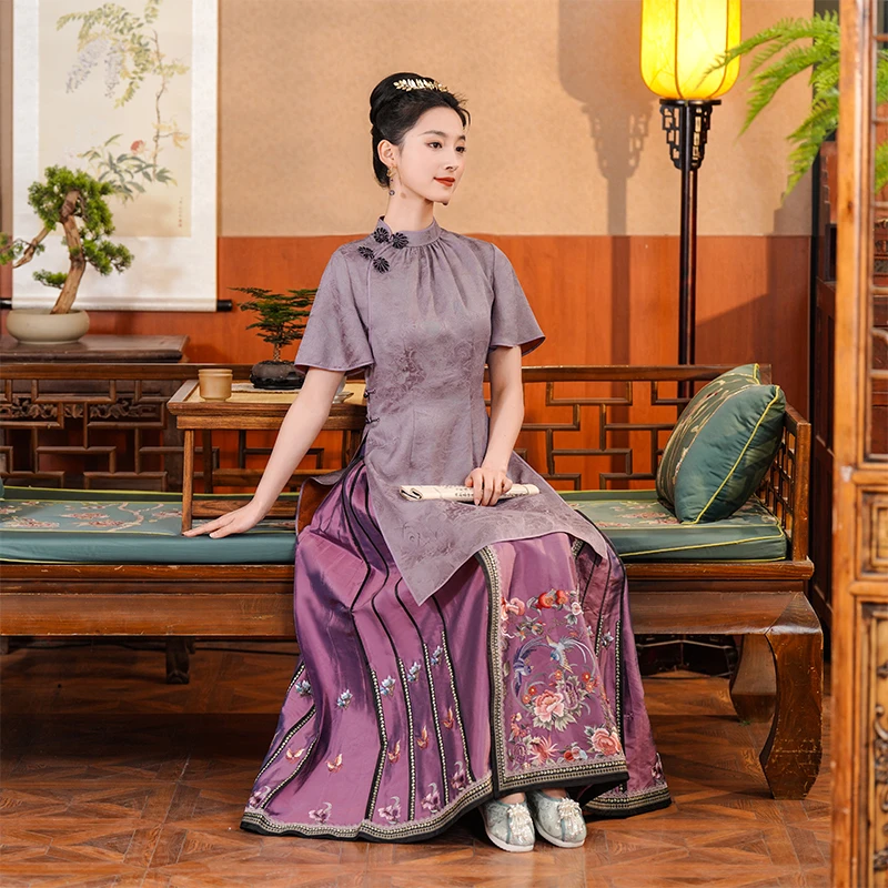 「浮云朝露」丽古龙古法国风手工全开襟中式桑蚕丝汉服国潮奥黛旗袍