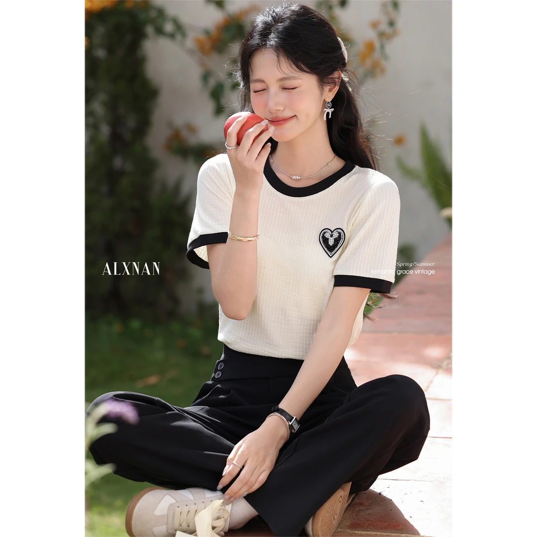 【品牌撤柜款ZB】黑白撞色短袖T恤女夏季圆领气质绝美上衣L55707