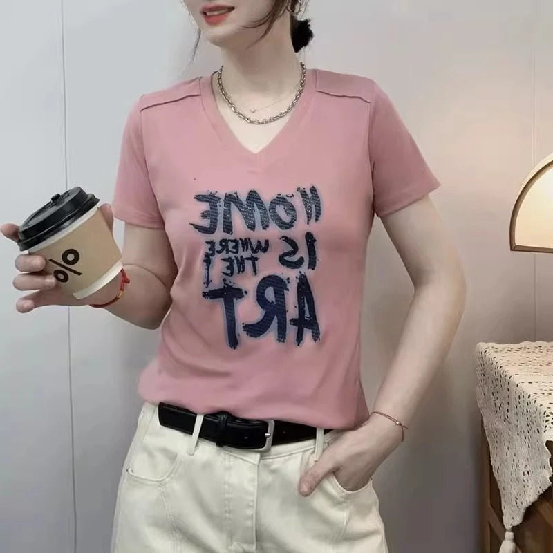 V领字母印花短袖T恤女夏季2025新款韩版时尚肩拼气质百搭显瘦上衣