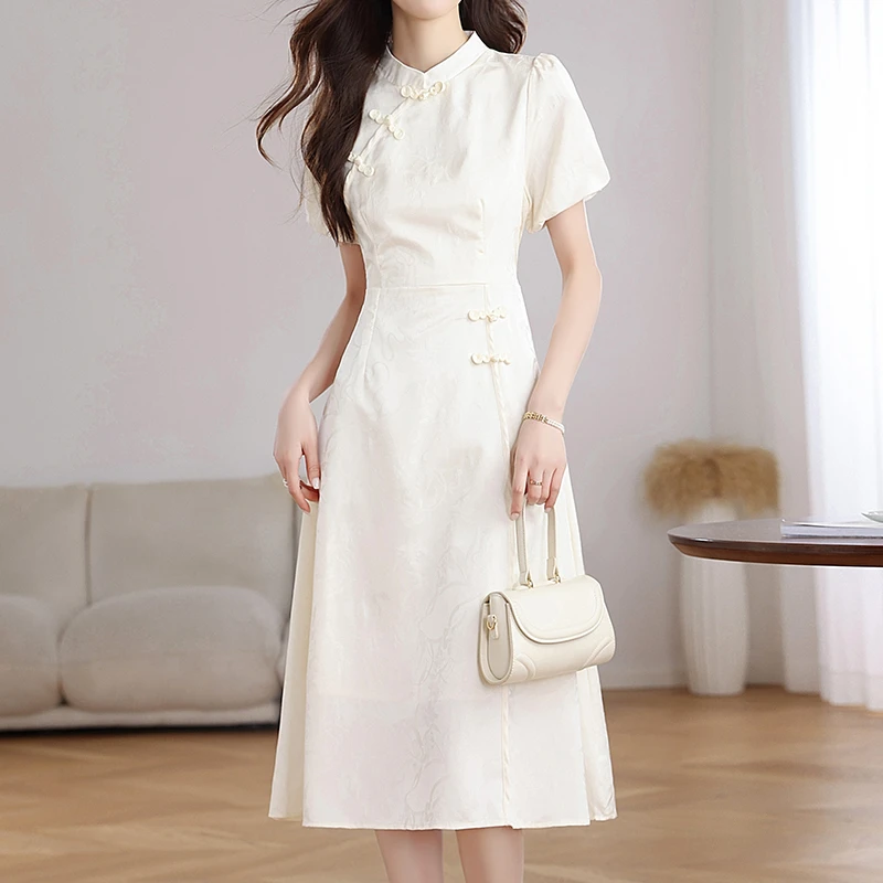 拉夏贝尔2025夏季新中式轻国风提花立领修身显瘦旗袍复古连衣裙女