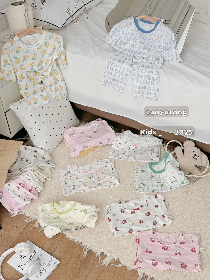 左羽童七分袖七分裤裤男女童卡通无骨家居夏季薄款