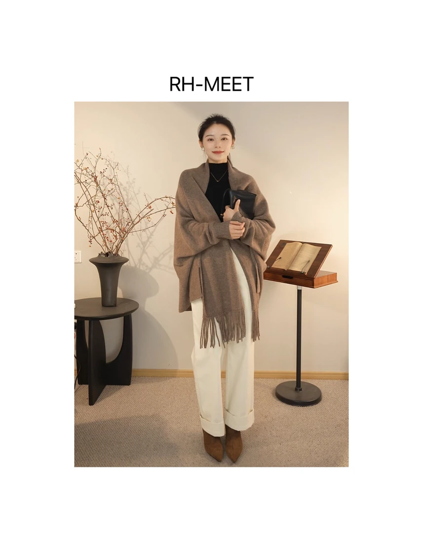 RH-MEET 简约复古宽松披肩流苏毛衣