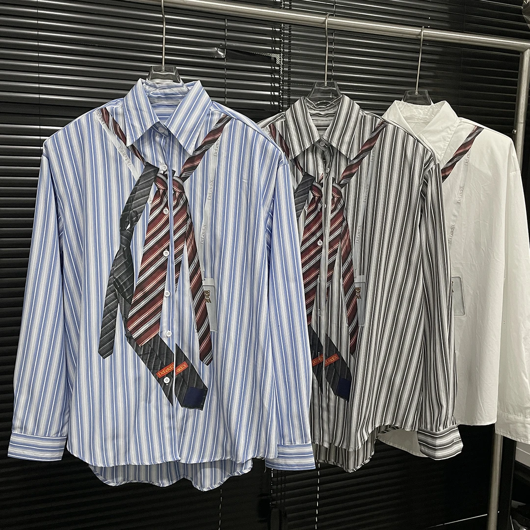 付新博女装3D领带印花条纹衬衫女宽松休闲垫肩时尚长袖衬衣13773