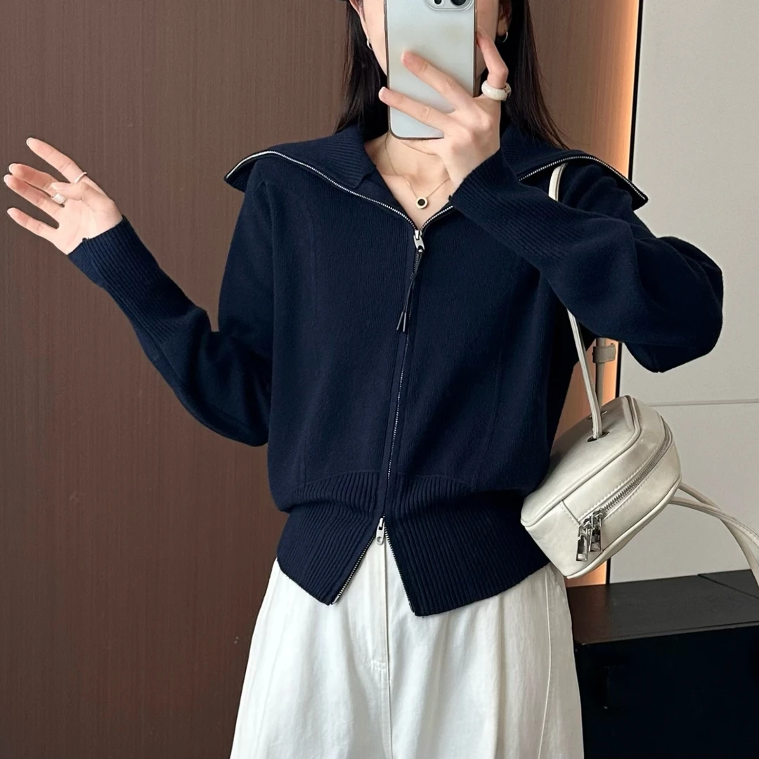 轻职风翻领女开衫款长袖毛针织衫气质连帽开衫拉链时尚上衣休闲