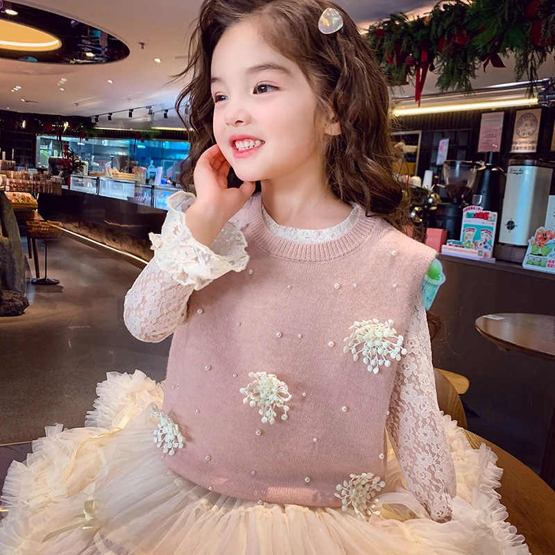 【现货】米米哈罗女童韩系立体花朵针织毛衣马甲上衣C25073