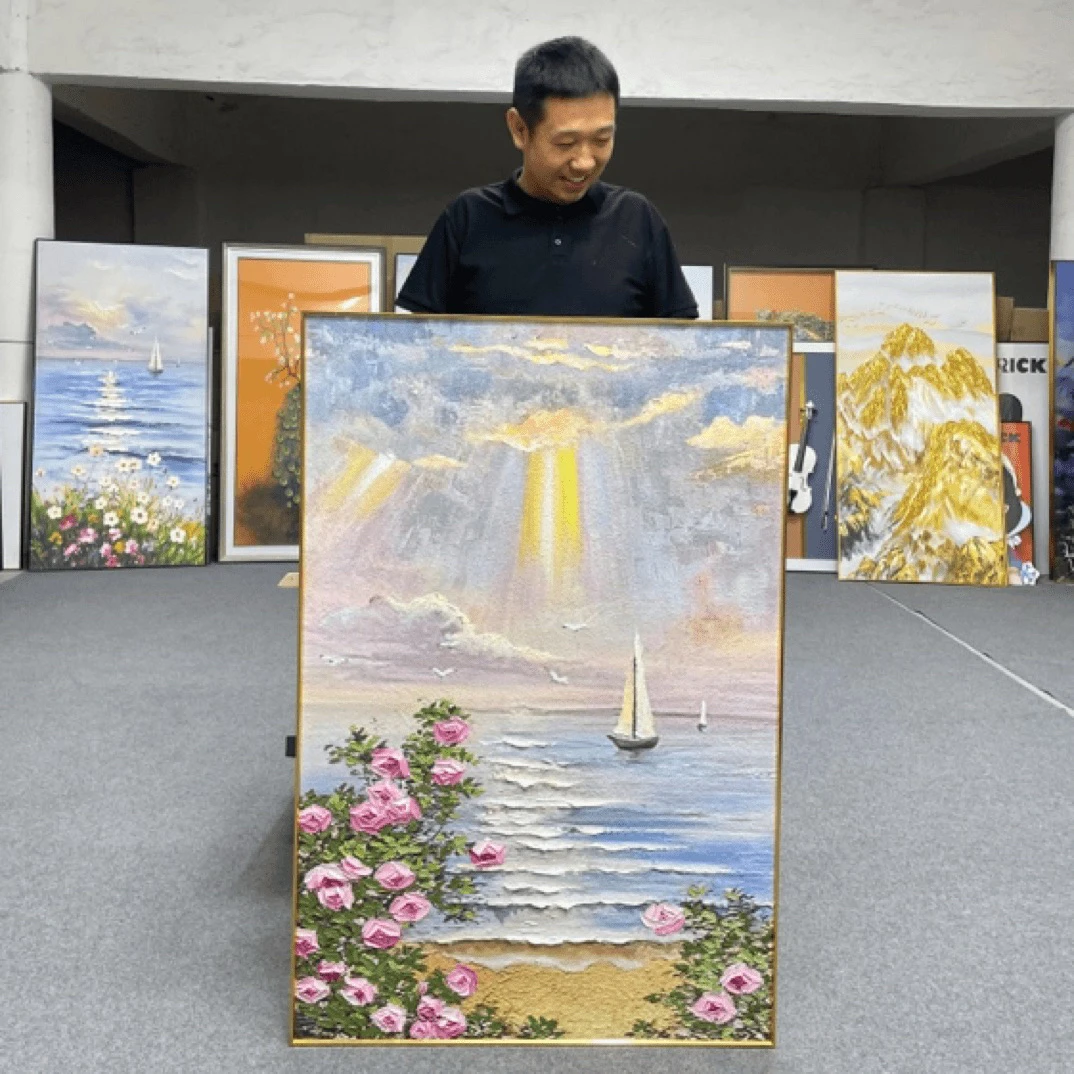 【日出海边】手绘海边风景现代简约装饰画玄关肌理丙烯油画80120