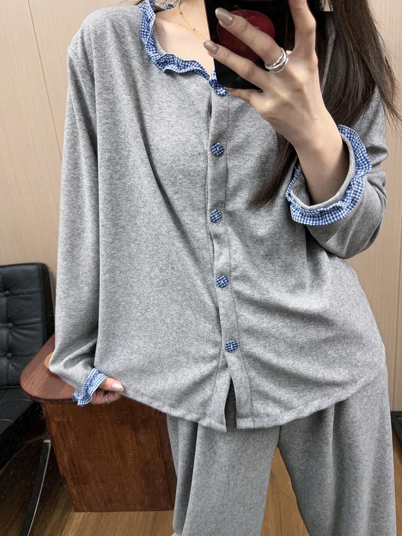 韩系格纹睡衣女春秋季加厚保暖毛巾绒长袖长裤纯色家居服慵懒套装