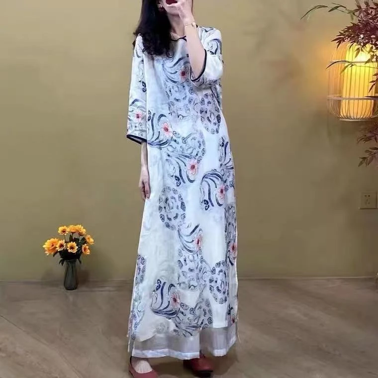 【青花瓷】夏季新款大码印花中式国风盘扣旗袍长裙印花连衣裙002