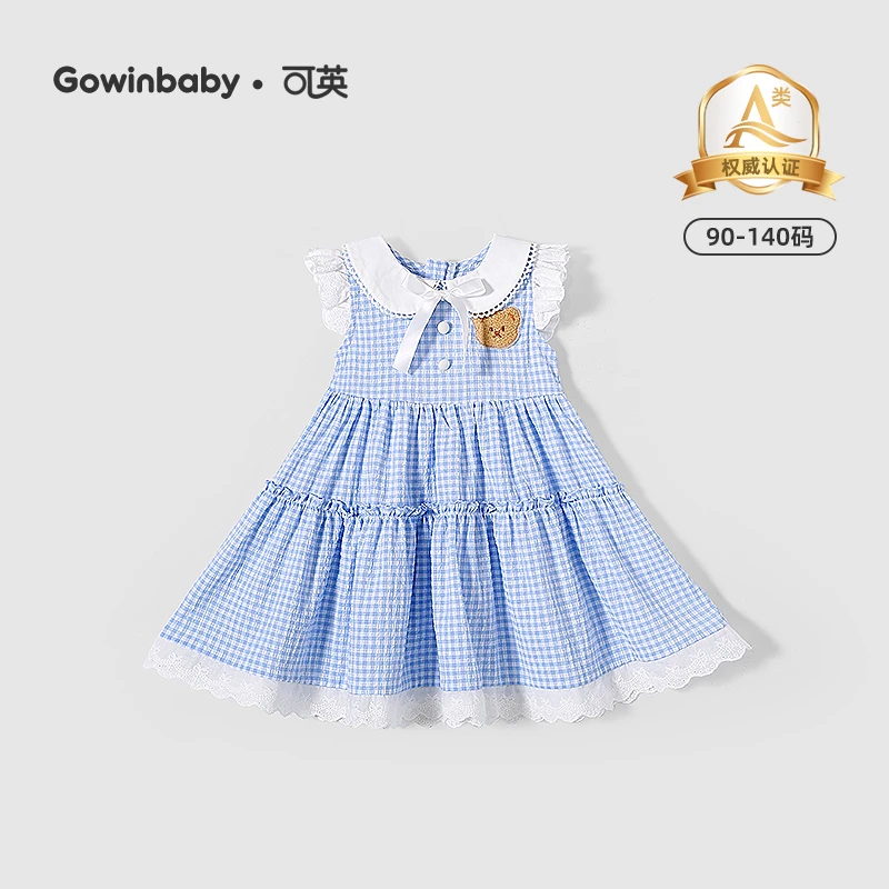 可英女童连衣裙甜美卡通2025夏季女孩蝴蝶结格子裙女宝时尚娃娃裙