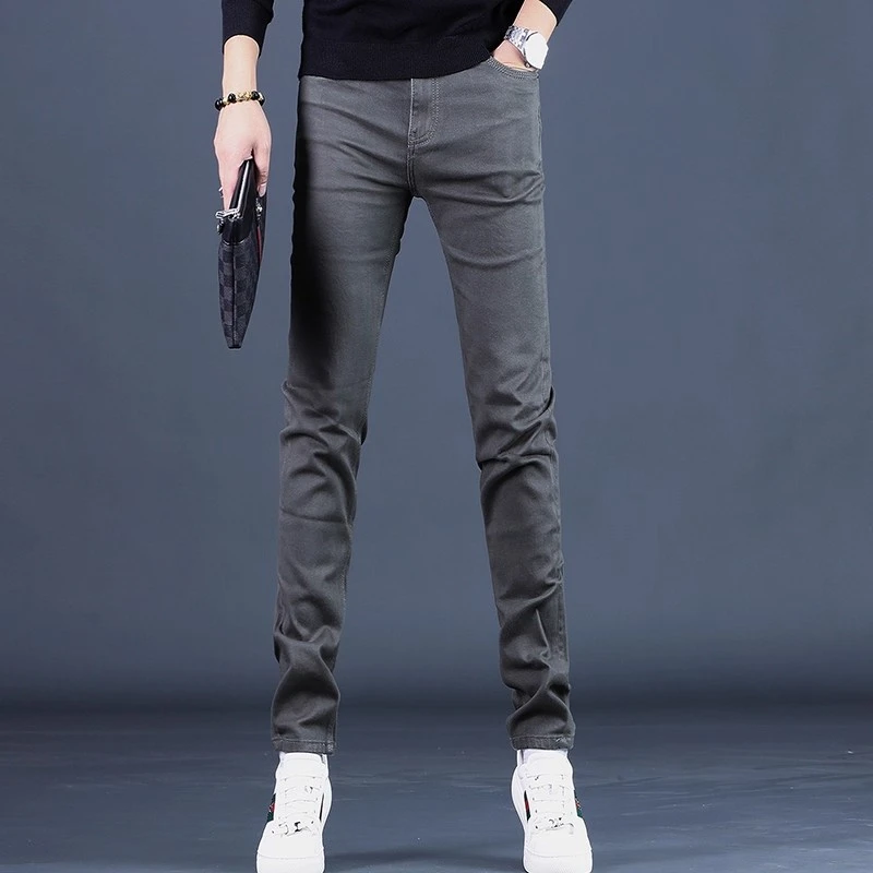 One What秋季高端男士牛仔裤修身显瘦小脚潮流弹力休闲墨绿色长裤