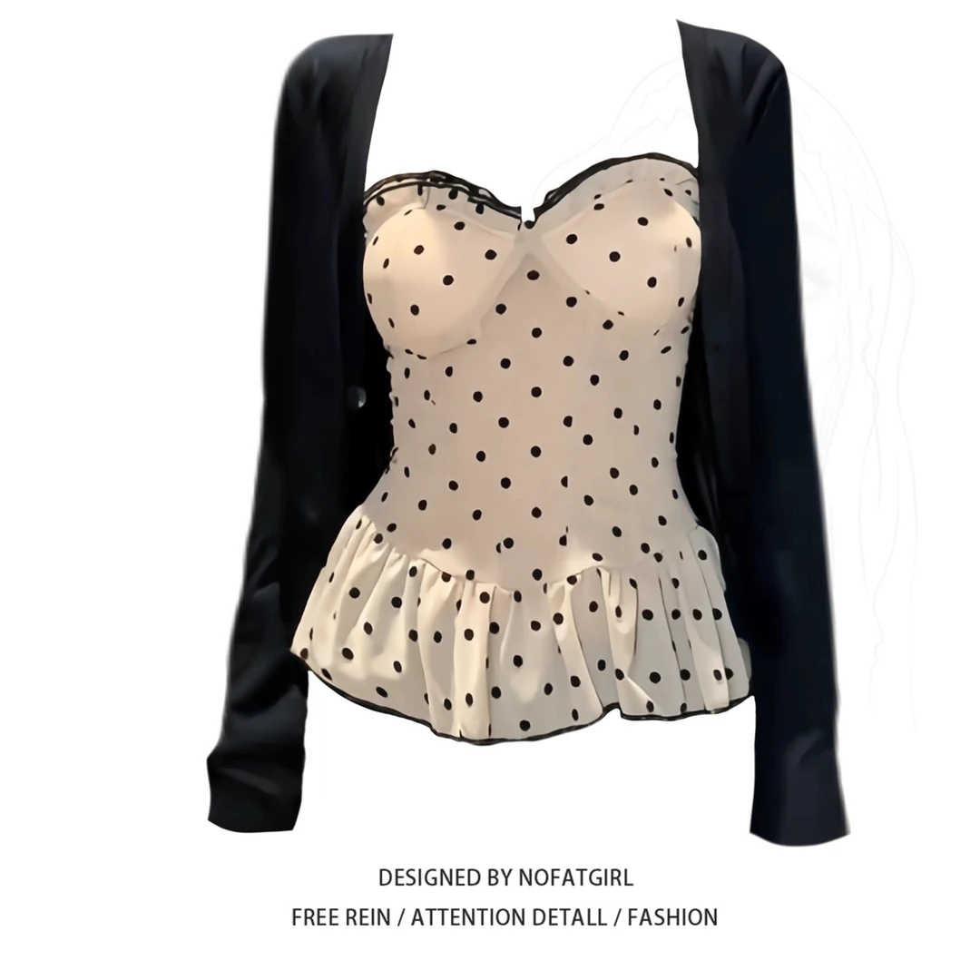 大码胖妹妹纯欲风高级感波点抹胸背心夏季新款大方得体穿搭两件套