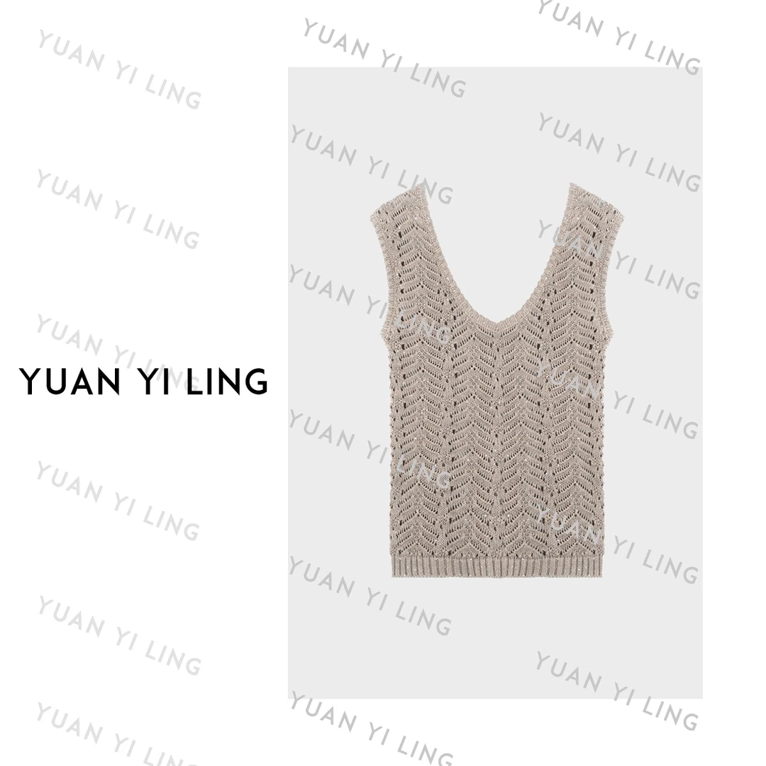 袁艺灵【慵懒BC】25夏季亚麻镂空亮片无袖圆领百搭针织亮片背心9004