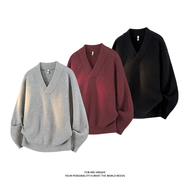 秋冬季大V领纯色毛衣男慵懒潮牌复古叠穿宽松休闲内搭套头针织衫