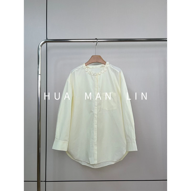 【花滿林】圆领设计感净版奶黄色匹马棉上衣62528
