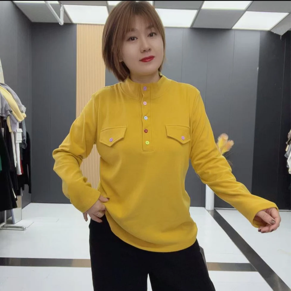 长袖中长款冬季拼接纯色秋季卫衣翻领时尚立领休闲百搭打底-8056