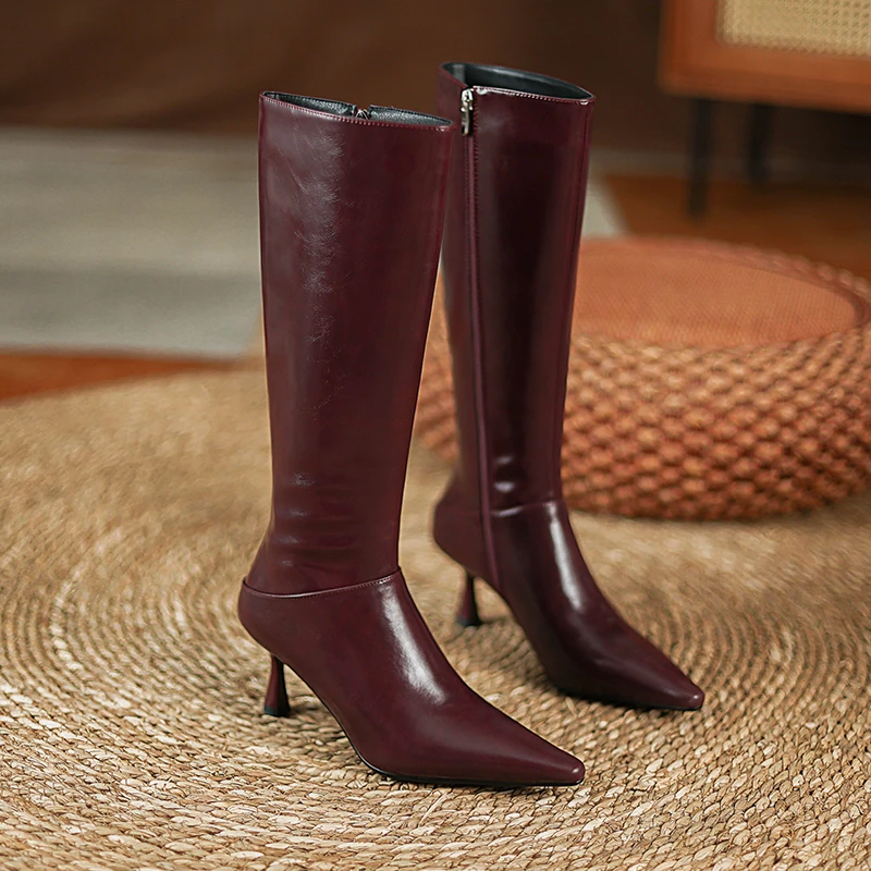 真皮手工马油牛皮尖头极简百搭细跟长靴