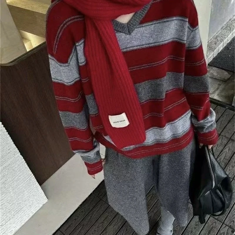 欧洲站2025春季新款V领拼色条纹设计宽松百搭显瘦针织毛衣女8869