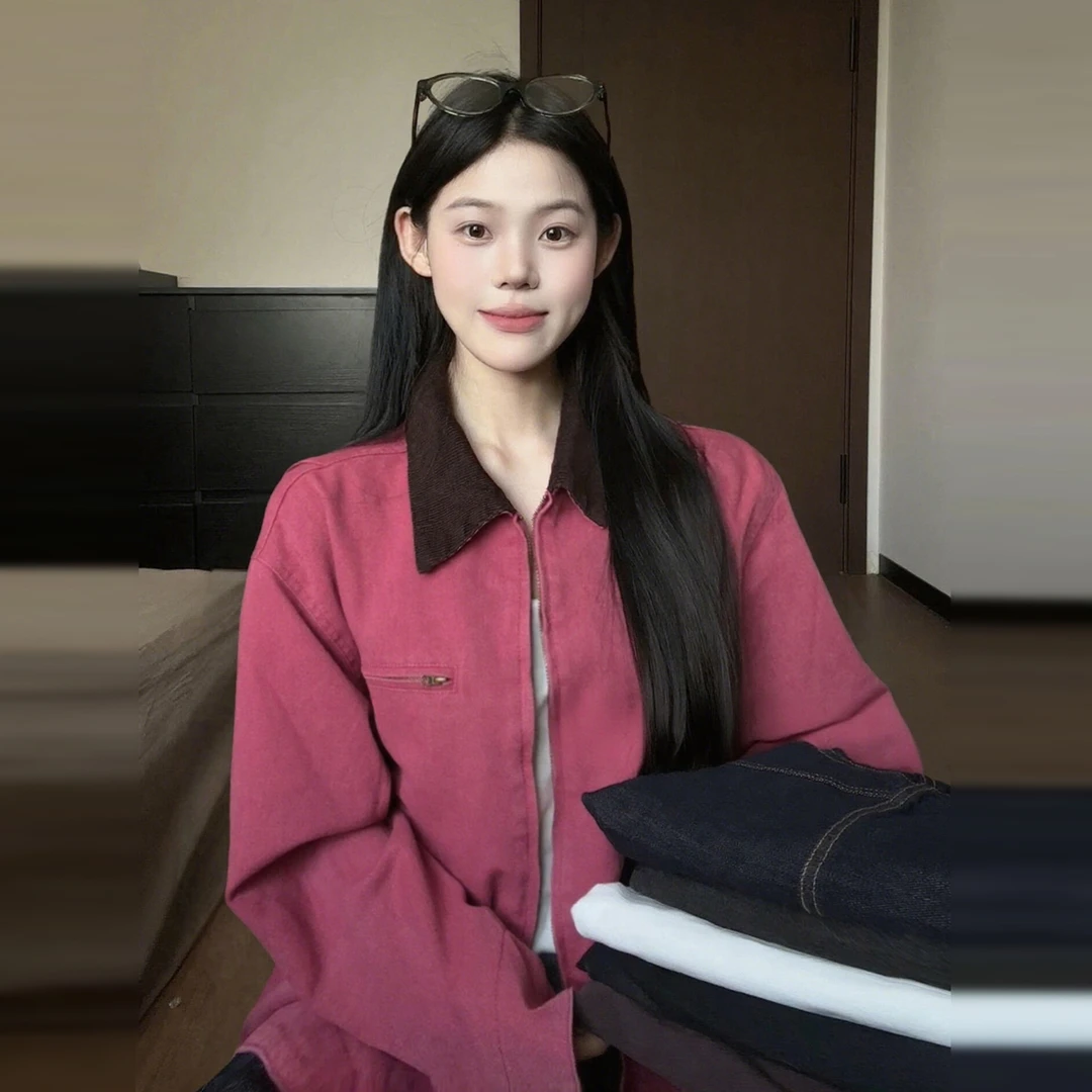 美式复古撞色工装夹克女春秋薄款设计感小众宽女士秋季机能短外套