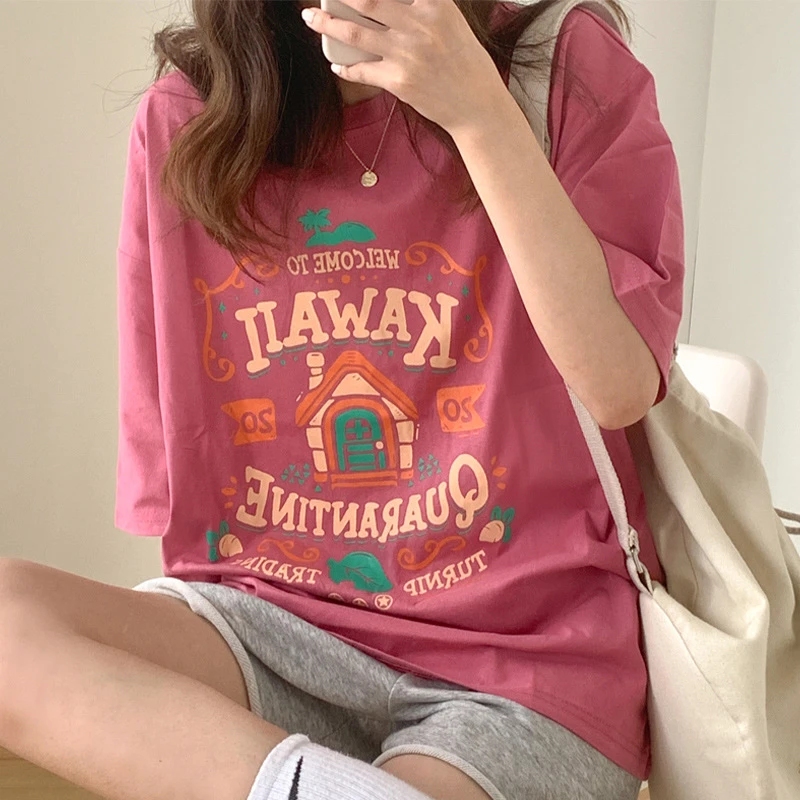 粉色短袖t恤女2025年夏季欧货时尚宽松休闲大版慵懒风中长款上衣