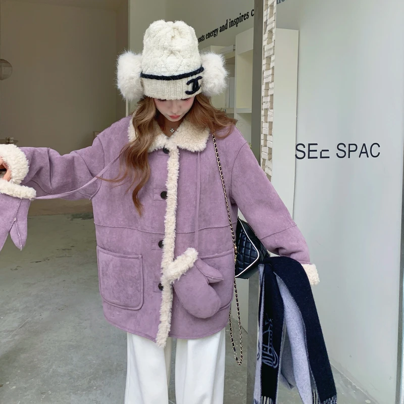 紫色韩系风松弛感皮毛一体外套女短款2025秋冬新款两面穿加绒加厚
