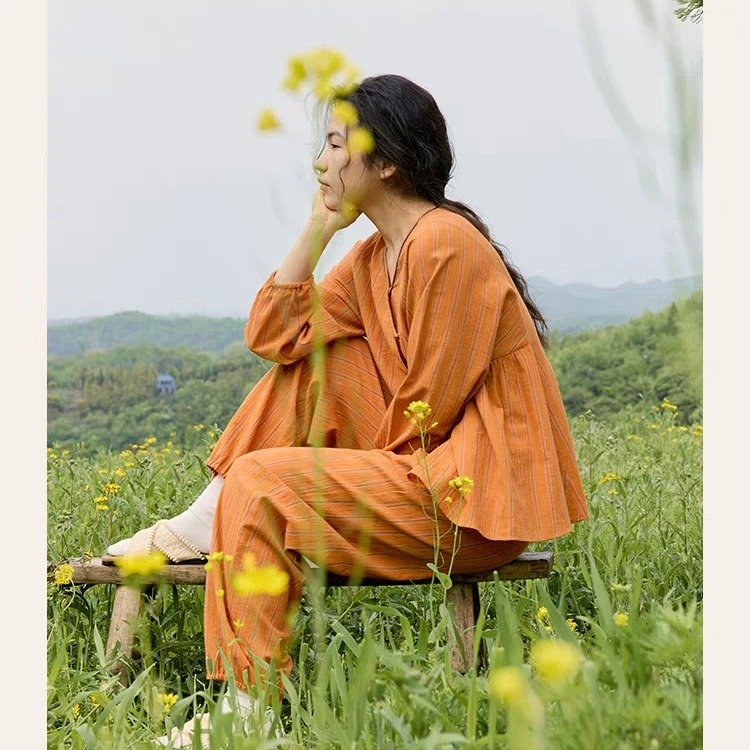 秋冬新款女士纯棉圆领套头橙条简约睡衣家居服