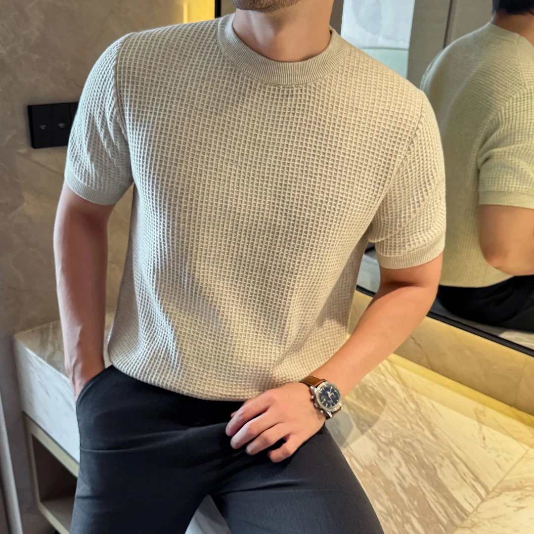 格子T恤男士纯棉华夫格纯色休闲修身短袖针织青年轻奢圆领体恤衫