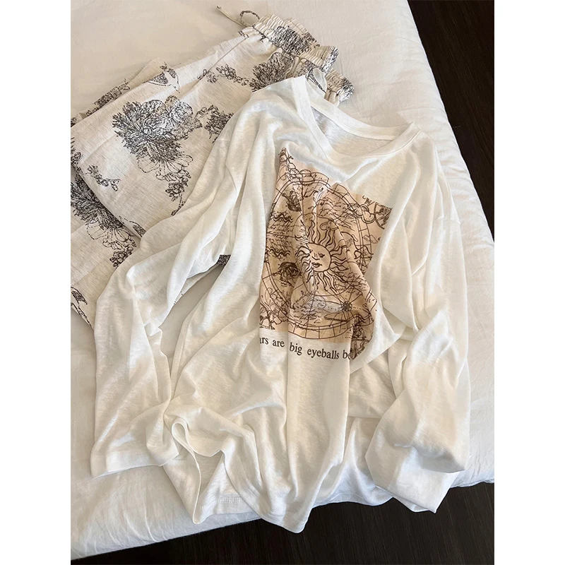 韩系休闲慵懒风简约印花睡衣女春秋季新款舒适家居服长袖长裤套装