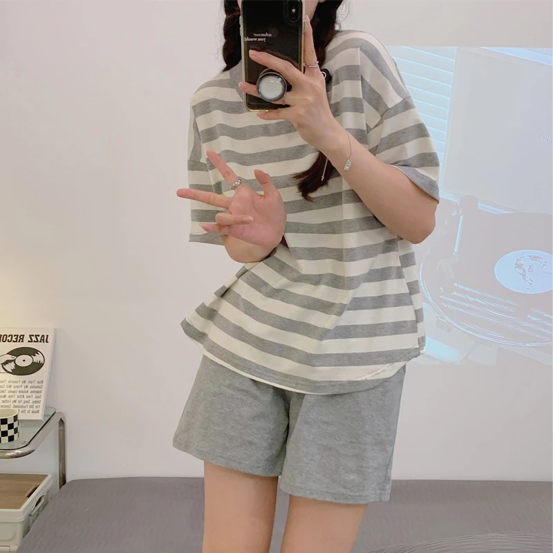 睡衣女夏季纯棉短袖短裤两件套圆领加大码爆款学生ins夏天家居服