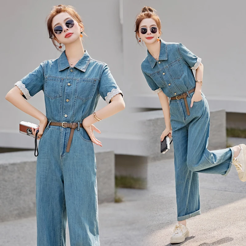 短袖工装牛仔连体裤女2025夏季新款收腰显瘦气质直筒薄款连衣长裤