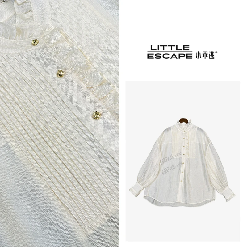 小乖逃X人鱼之泪 压褶花边领灯笼袖排扣米白衬衫 宽松上衣 S25114