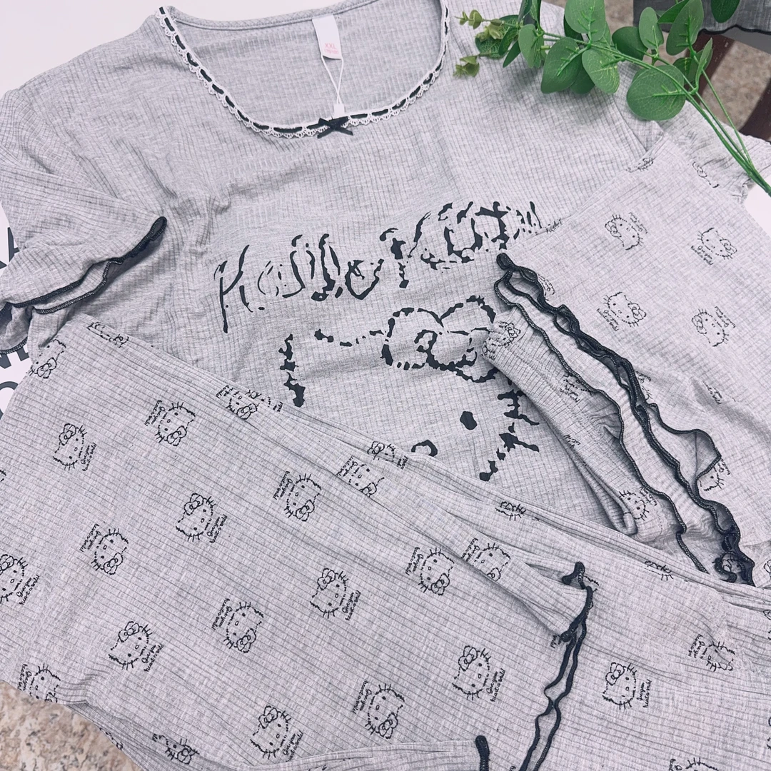 090【短袖短裤+长裤带胸垫】夏款KT猫莫代尔套头女士睡衣套装家居服