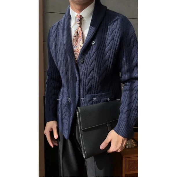 秋冬新款加厚老钱风青果领优雅男士松弛感针织外套1011