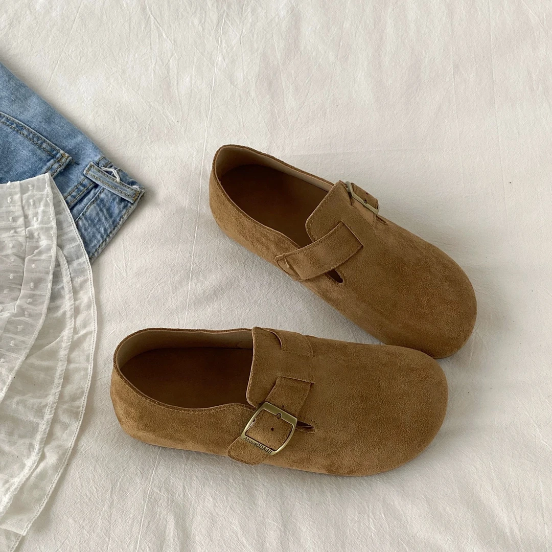 三福真皮厚底全包勃肯鞋女2025秋季新款一脚蹬博肯单鞋休闲乐福鞋